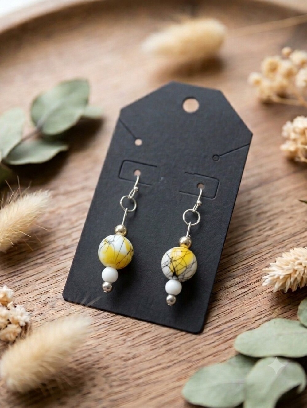 Handmade Yellow White Crackle Bead Drop Earrings - Unbranded